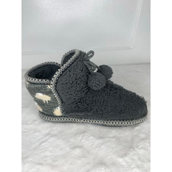 Womens Gray Sherpa Fleece Bootie Slippers With Pom-Poms & Sheep Print Backing - Picture 6 of 8
